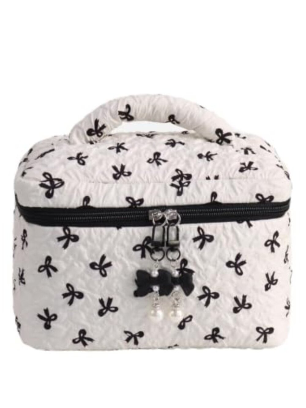 Quilted Bow Print Makeup Bag with Pearl Zipper Charm, Large Capacity